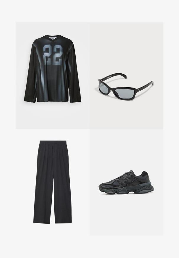 Svart langermet genser med V-hals, har et stort grått tall "22" på forsiden, gradientskygge og glatt, elastisk stoff.; Vide benbukser laget av mørkegrått stoff. Har legg i midjen, en skreddersydd design, og en rett silhuett.; Svart løpesko med en blanding av mesh og syntetiske materialer, chunky såle, buet design og fremtredende merkevare på siden.; Svart solbriller med en elegant, vinklet design. Har grå linser og glatte plastikkrammer. Inkluderer små metall detaljer og branding på armen.