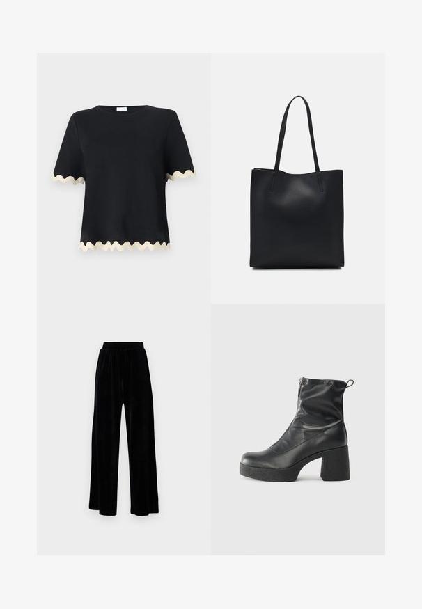 Black short-sleeve t-shirt with a round neckline and wavy gold trim along the sleeves and bottom hem. Made from a soft, smooth material.; Black wide-leg trousers made of soft velvet, featuring an elastic waistband and a smooth texture, with no visible detailing or patterns.; Black ankle boots made of smooth leather, featuring a side zipper, chunky textured heel, and rounded toe design.; Black leather tote bag with smooth texture, rectangular shape, and two long handles. No visible hardware or embellishments.