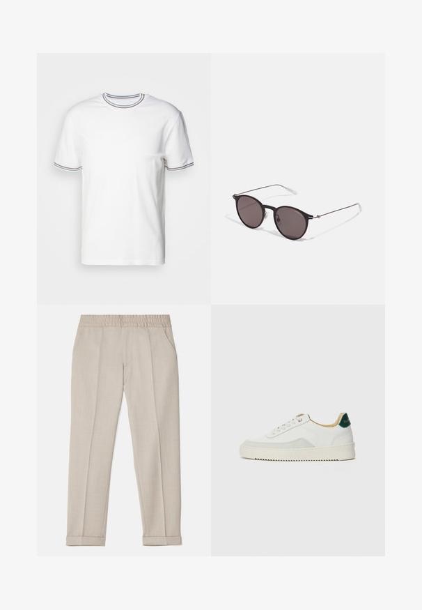 Pal Zileri Tricou basic - white; Filippa K TERRY CROPPED TROUSERS - Pantaloni - sage melange; Sneaker alb cu accente din suede, vârf rotund, șireturi plate și o talpă din cauciuc crem. Are un logo verde pe călcâie.; Ochelari de soare negri rotunzi cu lentile întunecate și brațe metalice subțiri. Include vârfuri transparente pentru brate și accente argintii la balama. Design minimalist.
