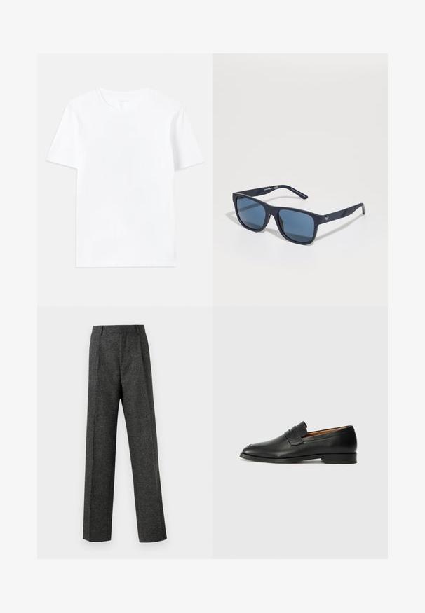Balta kokvilnas T-kreklā ar klasisku apaļu izgriezumu un īsām piedurknēm, kam piemīt gluda tekstūra un regulāra piegriezuma dizains.; Pelēki piegriezti bikses, izgatavotas no tekstūras auduma, ar diviem priekšējiem krokām un taisnu kāju dizainu. Nav redzamu kabatu vai rotājumu.; Melnas ādas loafers ar noapaļotu purngala formu, smalku izšuvumu un zemu papēdi, piedāvājot gludu tekstūru un minimālistisku dizainu.; Zilie taisnstūra saulesbrilles ar tumšiem stikliem, matēta jūras zila ietvaros, logo detaļa uz tempļa, taisnas rokas un cieta, gluda virsma.