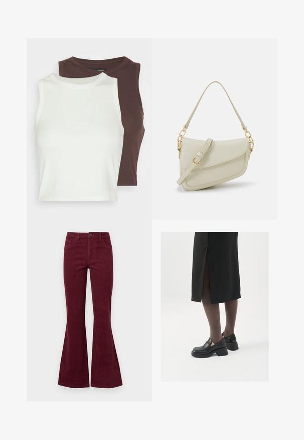 Twee geribde, mouwloze tops in wit en donkerbruin. Beide hebben een hoge halslijn en zijn gemaakt van een zacht, rekbaar materiaal, perfect voor het overschijnen.; Bordeaux corduroy flare jeans met vijf zakken, een sluiting met een knoop aan de voorkant en een gestructureerde stof. De flare loopt van de knie tot de zoom.; Zwarte leren schoenen met een ronde neus, dikke blokhak en elastische zijkanten, gecombineerd met donkere panty's en een zwarte rok met een split.; Kleine crèmekleurige handtas met een textuurafwerking, een lange verstelbare schouderband, een kettingaccent en een klepsluiting. Gouden hardware-details.