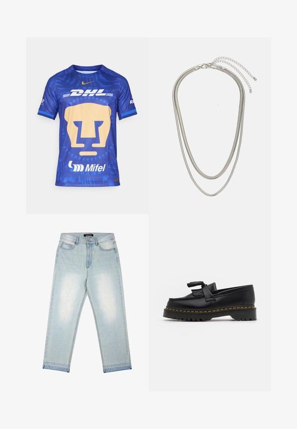 Modrá dres s krátkym rukávom s veľkým štýlovým lioním tvárou v zlatej farbe, s logami DHL a Mifel, textúrovaná látka a okrúhly výstrih.; Pegador BARROW - Džínsy široké - sand washed blue; Čierne kožené loafre s detailom na strapcoch, s masívnou čiernou podrážkou a žltým prešitím pozdĺž okraja. S textúrovaným povrchom.; Trojvrstvový náhrdelník zo strieborného kovu s elegantnými, flexibilnými reťazami s jemným leskom, zabezpečený sponou typu langusta a nastaviteľným reťazcom.