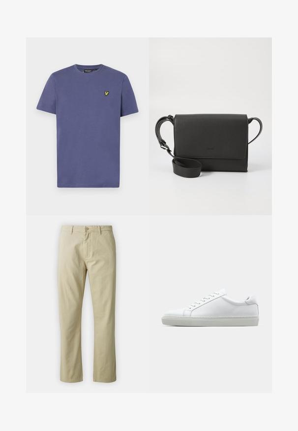 Tricou din bumbac de culoare violet deschis, cu mâneci scurte, guler rotund și un mic logo brodat galben pe piept.; Pantaloni din bumbac bej cu un design drept, închidere frontală cu buton și curea. Textură netedă, fără modele sau accente vizibile.; Adidași albi cu o suprafață din piele netedă și un profil jos. Au un vârf rotunjit, șase orificii pentru șireturi și o talpă din cauciuc texturată.; Geantă de umăr din piele neagră, cu un finisaj texturat, formă rectangulară, închidere cu clapetă, curea ajustabilă și detaliu logo subtil.