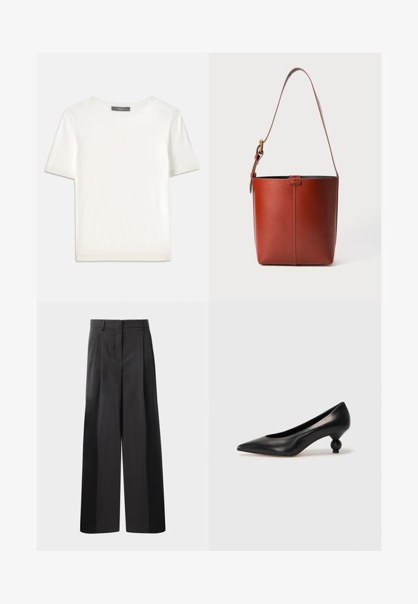 Top de punto corto de manga blanca con cuello redondo, que presenta una textura suave y sutiles detalles acanalados en las mangas y el dobladillo.; Pantalones de pierna ancha negros con cintura alta, que presentan pliegues en la parte delantera, una textura suave y un acabado a medida. Diseñados para un ajuste relajado.; Zapato de tacón alto de cuero negro con puntera afilada y un tacón redondeado y abombado. Textura suave con un diseño elegante y minimalista.; Bolso de cuero marrón tipo cubo con correa para el hombro ajustable y hebilla dorada, con un simple detalle de costura vertical en la parte frontal.
