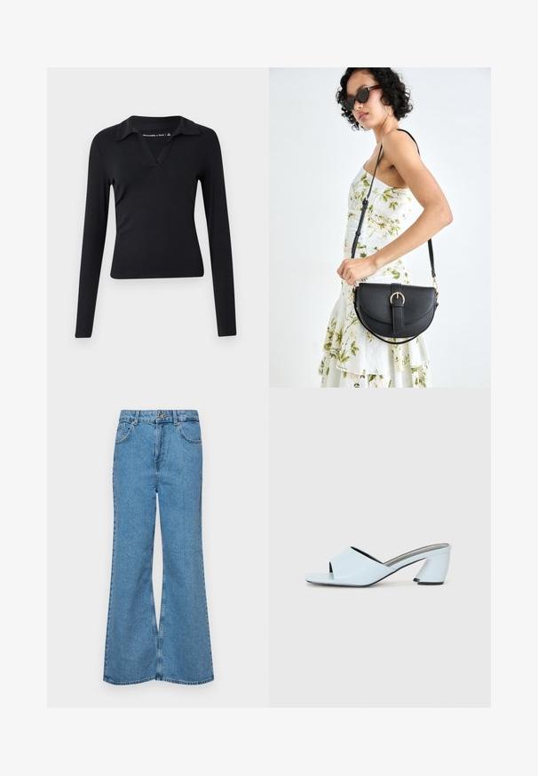 Melns, garām piedurknēm tops ar V veida izgriezumu un apkakles dizainu. Izgatavots no gludas auduma, pieguļoša forma un minimālistisks stils bez rakstiem.; Gaiši zili, platā piegriezuma džinsi, kas izgatavoti no denima, ar augstu jostasvietu, piecām kabatām un vienu pogu. Mīksta tekstūra ar nolietotu apdari.; Gaiši zilas atvērtā purngala papēžu mūlas ar ģeometrisku dizainu, kas ietver platu siksnu pāri pēdai un masīvu, stūrainu papēdi.; Melnas ādas rokassoma ar izliekta formu, noņemamu siksnu un zelta aksesuāriem. Somai ir vāciņš ar sprādzes detaļu.