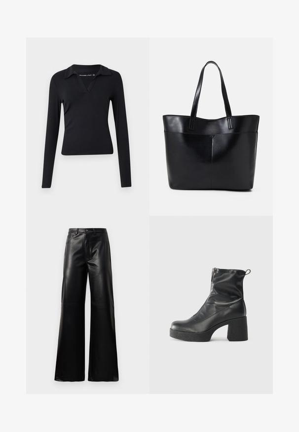 Čierny, dlhý rukáv top s výstrihom do V a dizajnom goliera. Vyrobený z hladkej látky, priliehavý strih a minimalistický štýl bez vzorov.; Čierne vysokopriestené široké nohavice z umelého kože s predným gombíkom, zipsom, pútkami na opasok a bočnými vreckami na bielom pozadí.; Čierne členkové topánky z hladkej kože, so bočným zipsom, robustnou textúrovanou pätnou časťou a zaobleným dizajnom špičky.; Čierna kožená tote taška s dvoma dlhými rúčkami, hladkým povrchom a štruktúrovaným tvarom. Obsahuje prednú kapsu pre dodatočné uskladnenie.