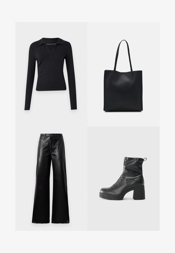 Top preto de manga longa com decote em V e design de colarinho. Feito de um tecido suave, formato ajustado e estilo minimalista sem padrões.; Calças largas de imitação de couro pretas, de cintura alta, com botão frontal, fecho de correr, passadores de cinto e bolsos laterais sobre fundo branco.; Botas de tornozelo pretas feitas de couro liso, com fecho lateral, salto grosso texturizado e design de bico arredondado.; Bolsa tote preta em couro com textura lisa, forma retangular e duas alças longas. Sem hardware ou enfeites visíveis.