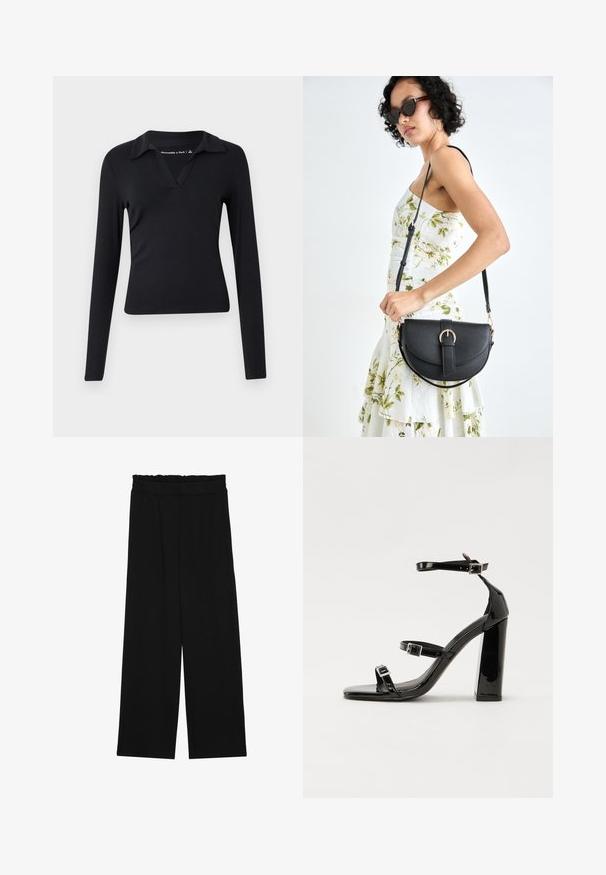 Schwarzes, langärmliges Oberteil mit V-Ausschnitt und Kragen-Design. Aus glattem Stoff gefertigt, körperbetont geschnitten und im minimalistischen Stil ohne Muster.; Schwarze weit geschnittene Hose mit einem gerüschten Bund, ausgestattet mit zwei Seitentaschen und einem glatten, leichten Stoff. Keine sichtbaren Muster oder Beschläge.; Schwarze patentierte Sandalen mit Absatz, quadratischer Spitze, Knöchelriemen und silbernen Schnallen. Mit einem stabilen Blockabsatz für mehr Stabilität.; Schwarze Lederhandtasche mit geschwungener Form, abnehmbarem Tragegurt und goldenen Beschlägen. Die Tasche verfügt über einen Deckel mit einer Schnallen-Details.