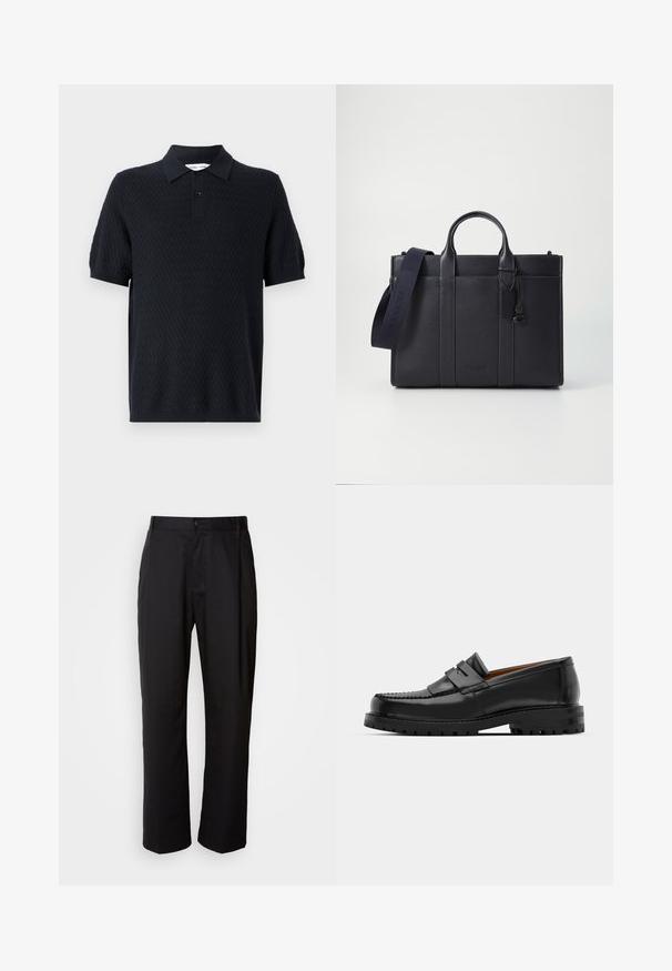 Melnas polo krekls ar teksturētu zigzaga rakstu, īsām piedurknēm un apkakli ar divām pogām. Izgatavots no elpojoša auduma.; Melni bikses ar taisnu griezumu, izgatavotas no viegla auduma. Ar priekšējo pogu aizdari un divām sānu kabatām; gluda tekstūra.; Melni ādas loafers cepumi izceļas ar paceltu šuvu, divām dekoratīvām siksnām augšpusē un biezu teksturētu zoli labākai saķerei.; Tumši jūras zila ādas portfelis ar divām augšējām rokturiem un noņemamu siksnu. Ar teksturētu apdari, vertikālām šuvēm un logo detaļu.