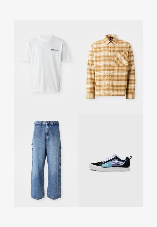 Balts kokvilnas T-krekls ar īsām piedurknēm, ar zaļu "DICKIES ON THE ROAD AGAIN" logo kreisajā krūtīs. Standarta apaļais kakla izgriezums.; Brūna un krēma svītrainā garām piedurknēm krekls, kas izgatavots no teksturēta auduma ar krūšu kabatu un pogu aizdari, ar etiketi uz kabatas.; Gaiši zili džinsa kravas bikses ar plašu piegriezumu, kuru sānos ir kabatas, tās ir apdarītas ar nolietotu tekstūru un nedaudz saplēstu malu.; Melni zamšādas sporta apavi ar baltu gumijas zoli. Iezīmējas ar duļķainu zilu un purpursarkanu liesmu dizainu. Baltās auklas un aizmugures cilpa ērtai uzvilkšanai.