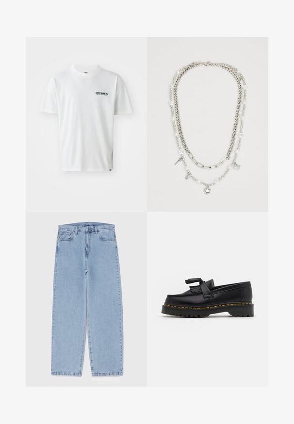 Biely bavlnený tričko s krátkymi rukávmi, s zeleným logom "DICKIES ON THE ROAD AGAIN" na ľavej hrudi. Štandardný dizajn s okrúhlym výstrihom.; Svetlomodré denimové džínsy s rovnými nohavicami, s polovysokým pásom, piatimi vreckami a zapínaním na gombík a zips.; Čierne kožené loafre s detailom na strapcoch, s masívnou čiernou podrážkou a žltým prešitím pozdĺž okraja. S textúrovaným povrchom.; Viacvrstvový náhrdelník so striebornými reťazami a perlovými korálkami, ozdobený príveskami, vrátane kľúčov a štvorcového pendantu. Hladký povrch s lesklým finišom.