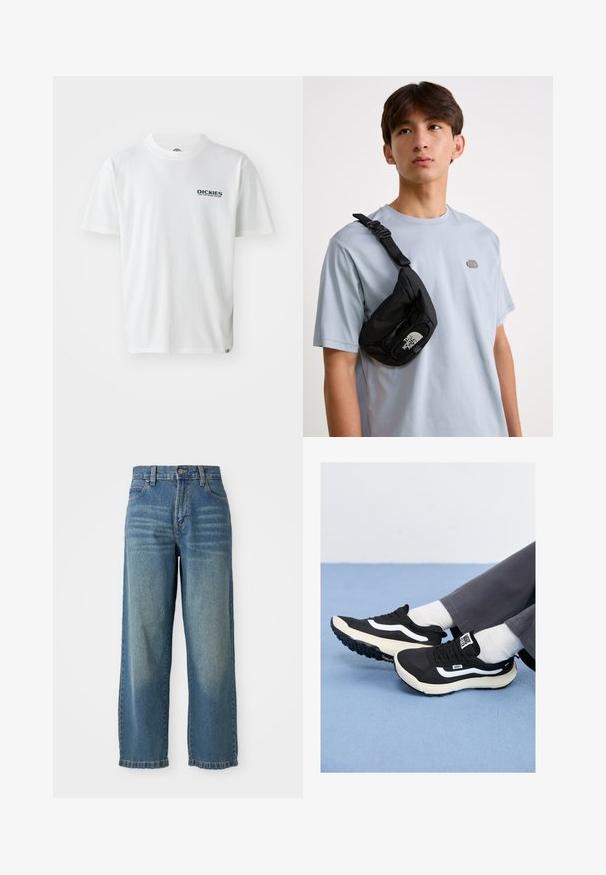 Balta medvilnė marškinėliai su trumpomis rankovėmis, su žaliu "DICKIES ON THE ROAD AGAIN" logotipu kairėje krūtinės pusėje. Standartinė apvalios kaklo dizaino.; Šviesiai mėlyni džinsai plačiomis kojomis su aukštu liemeniu, penkiomis kišenėmis ir šiek tiek išblukusiu paviršiumi. Yra sagčių ir užtrauktuko uždarymas.; Juodi sportiniai batai su baltais akcentais, pagaminti iš tinklinės ir gumos medžiagų, su tekstūriniu padu ir kulno užtrauktuku. Dėvimi su baltais kojiniais ir pilkomis kelnėmis.; Juodas nailoninis per petį dėklas su reguliuojamu dirželiu, išryškintu baltu logotipu. Nešiojamas ant šviesiai mėlynos marškinėlių. Paprastas, funkcionalus dizainas.