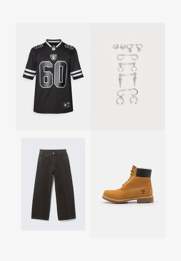 Mustapaita NFL:stä, jossa on hopeiset yksityiskohdat, esittää Raidersin logon, numeron 60 ja lyhyet hihat valkoisilla raidoilla. Materiaali näyttää hengittävältä.; Mustat leveälahkeiset farkut, joissa on korkea vyötärö, viisi taskua ja napitus. Kankaan pinta on pehmeä ja teksturoidun tuntuinen.; Ruske nahkasaapad ankle-moodi, metallist silmadega, valge karvase voodriga, musta pehmendusega kaeluse ja läbilöökide tald. Kotiriide logo on küljes.; Sarja hopeisia korvakoruja, joissa on erilaisia muotoiluita: rengas-, nappi- ja roikkuvat tyylit, joissa on pallomaisia korostuksia ja teräviä elementtejä.