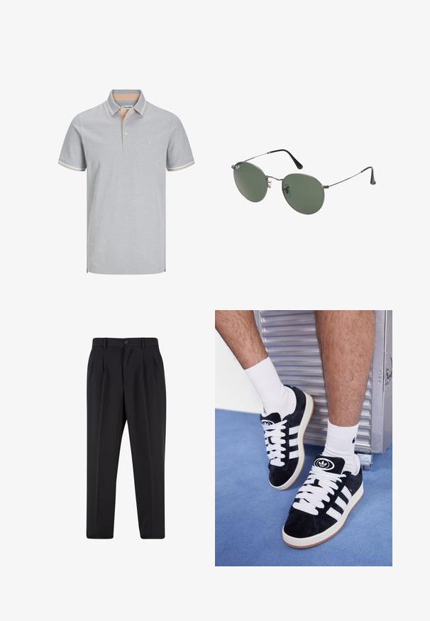 Polo de color gris claro con cuello, tapeta de dos botones y rayas de melocotón contrastantes en el cuello y las mangas. Acento de logo sencillo.; Pantalones negros con un diseño de frente plisado, hechos de una tela suave. Cuentan con un cierre de botón y pasadores para cinturón; corte recto.; Zapatillas de ante negras con cordones blancos y tres rayas blancas. Presentan un logotipo circular negro en la lengüeta y una suela de goma color caramel.; Gafas de sol con marco de metal y lentes ovalados verdes. Marco delgado de metal plateado y puntas de las orejas negras. Diseño minimalista, sin logotipos visibles.