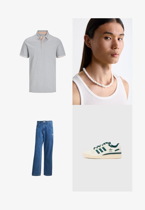 Cămașă polo gri deschis cu guler, placket cu două butoane și dungi contrastante de piersici la guler și mâneci. Accenț simplu cu logo.; Jeans din denim cu talie înaltă, cu picioare largi, de culoare albastră, cu buzunare frontale, bucle pentru centură, închidere cu nasture și un mic logo Adidas pe coapsa dreaptă.; Adidași albi cu accente verzi. Prezintă trei dungi verzi, vârf texturat și logo pe lateral. Talpă din cauciuc cu model texturat.; Colier din scoici albe compus din forme neregulate, purtat peste un top alb ajustat. Textură netedă cu o ușoară strălucire, design strâns.