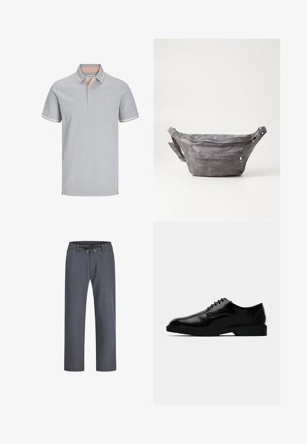 Camisa polo cinza claro com gola, com paletó de dois botões e riscas em pêssego contrastantes na gola e nas mangas. Acento de logótipo simples.; Calças cinzentas com cintura elástica e cordão. Design de perna reta, feitas de um tecido suave, apresentam costura minimalista e sem hardware visível.; Shoe dress de couro preto com acabamento liso, bico arredondado, design de atacadores e sola de borracha discreta para tração.; Pochete cinza em camurça com forma arredondada, dois compartimentos com fecho éclair e alça ajustável. Apresenta detalhes em metal.