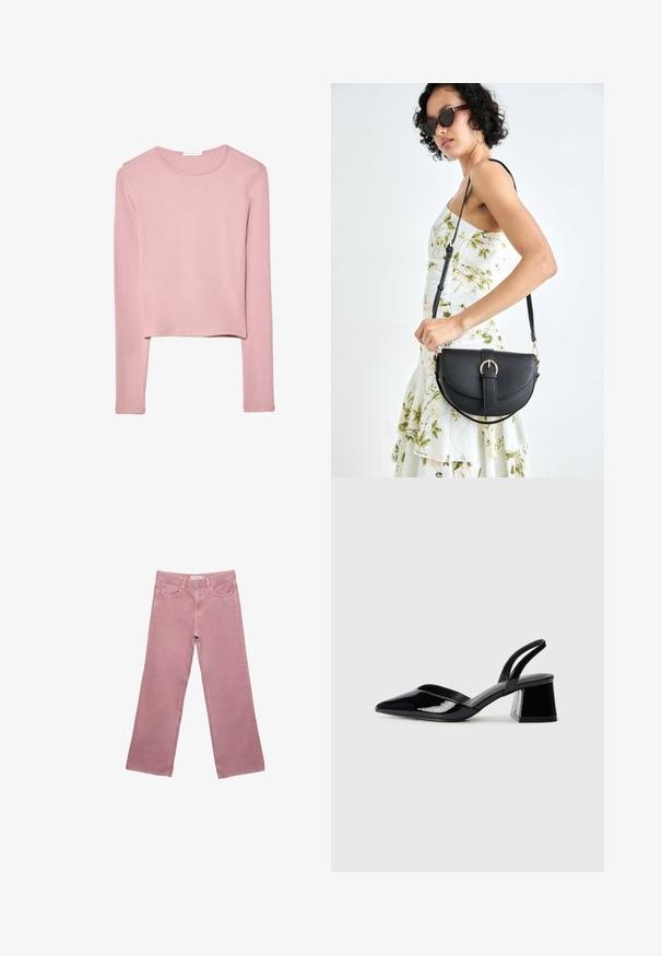 Top corto a maniche lunghe in morbido tessuto rosa con scollatura tonda e design semplice, privo di motivi o decorazioni visibili.; Jeans rosa a gamba larga realizzati in denim, con vita alta, tasche frontali e dettagli di cucitura sottile. Texture liscia senza motivi.; Décolleté in vernice nera con punta affusolata e tacco in geometria cubica. Presentano un design elegante e minimalista, con una texture liscia.; Borsa a tracolla nera in pelle con una forma curva, manico rimovibile e accessori dorati. La borsa presenta una patta con un dettaglio a fibbia.
