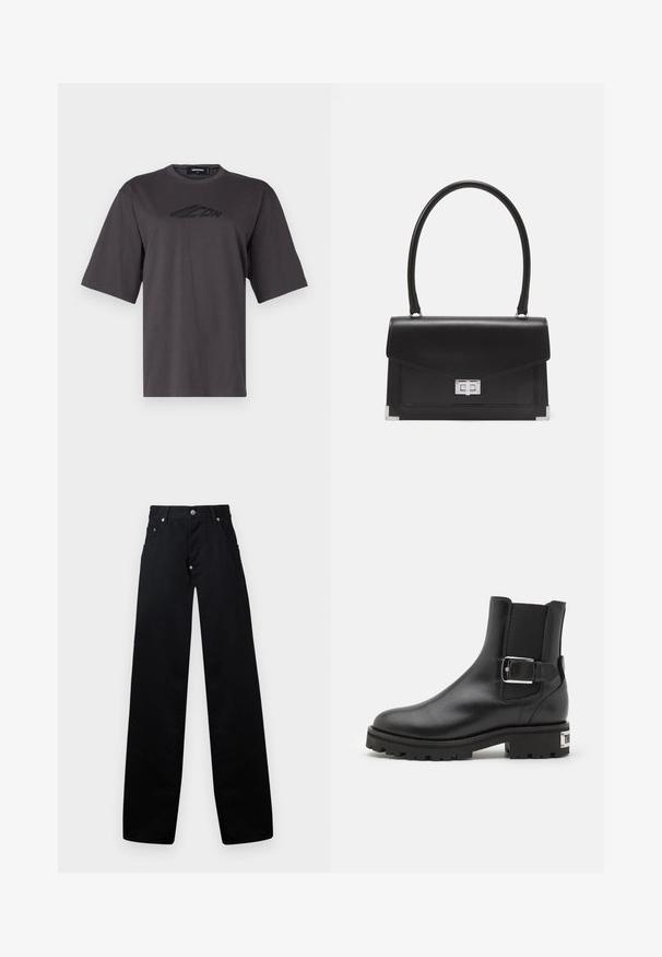 Gray cotton t-shirt with a round neck, short sleeves, and a black logo printed on the chest. Regular fit and smooth texture.; Black wide-leg pants made of cotton, featuring a zip fly, two front pockets, and a classic five-pocket design with metal hardware accents.; The Kooples CHAUSSURES - Cowboy/biker ankle boot - black; Black leather handbag with a structured design, a top handle, and a silver clasp. Features corner accents and smooth texture.
