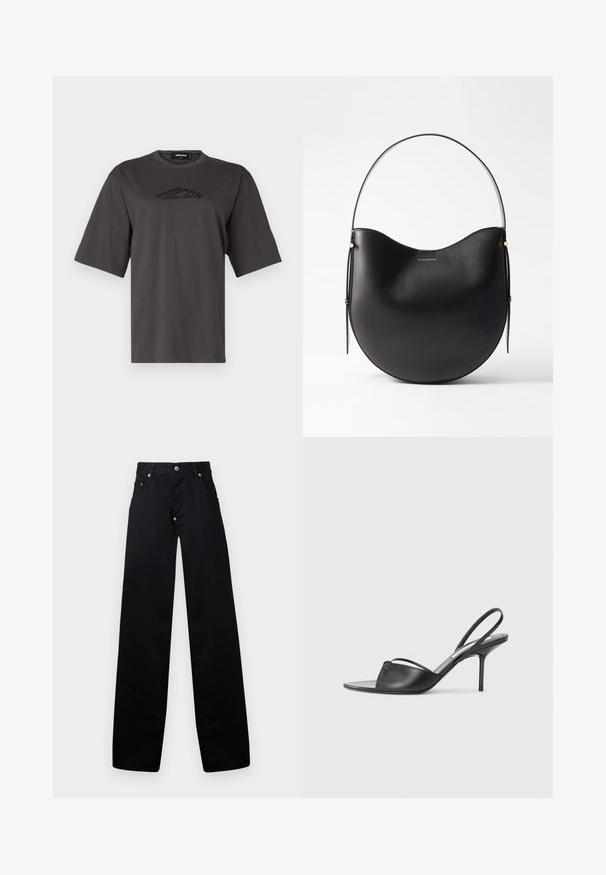 Graues Baumwoll-T-Shirt mit rundem Hals, kurzen Ärmeln und einem schwarzen Logo auf der Brust. Reguläre Passform und glatte Textur.; Schwarze weit geschnittene Baumwollhosen mit Reißverschluss, zwei Fronttaschen und einem klassischen Fünf-Taschen-Design mit metallenen Hardware-Accenten.; Schwarze Leder-Slingback-Pumps mit spitzem Zehenbereich, dünnem Knöchelriemen und Stiletto-Absatz. Verfügt über ein geknotetes Detail auf dem Blatt.; Schwarze Leder-Schultertasche mit geschwungener Form, dünnem Griff und subtilen goldenen Akzenten. Glatte Textur mit minimalistischer Gestaltung.