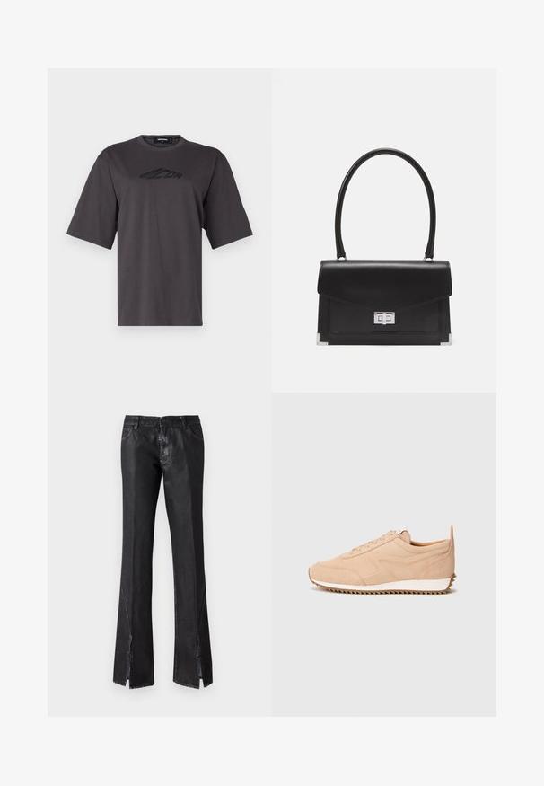 T-shirt in cotone grigio con colletto tondo, maniche corte e un logo nero stampato sul petto. Vestibilità regolare e texture liscia.; Pantaloni neri svasati con finitura lucida, dotati di due tasche frontali e spacchi vicino all'orlo, realizzati in tessuto resistente.; Sneaker in suede di un leggero beige con una finitura testurizzata, dotata di suola bianca e battistrada a zigzag. Design con lacci senza branding visibile.; Borsa a tracolla in pelle nera con un design strutturato, manico superiore e chiusura in argento. Presenta accenti agli angoli e una texture liscia.
