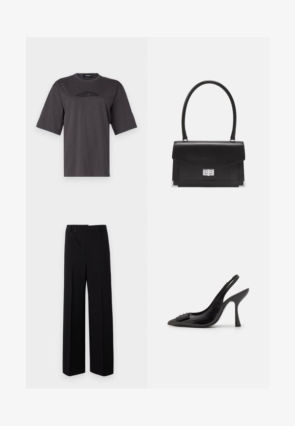 Pilkos medvilnės marškinėliai su apvaliu kaklu, trumpomis rankovėmis ir juodu logotipu spausdintu ant krūtinės. Reguliari figura ir glotni tekstūra.; Juodos plačios kojos kelnės su lygiu priekiu, mygtukų uždarymu ir lygiu audinio paviršiumi. Sukurtos su tiesiu kirpimu ir aštriomis linijomis.; Juoda odinė slingback tipo avalynė su smailiu pirštu, siauru aukštu kulnu ir dekoratyvine kaspino akcentu. Lygi tekstūra ir elegantiškas dizainas.; Juodas odinis rankinės modelis su struktūrizuota forma, viršutine rankena ir sidabriniu užsegimu. Pabrėžia kampų akcentus ir lygų paviršių.