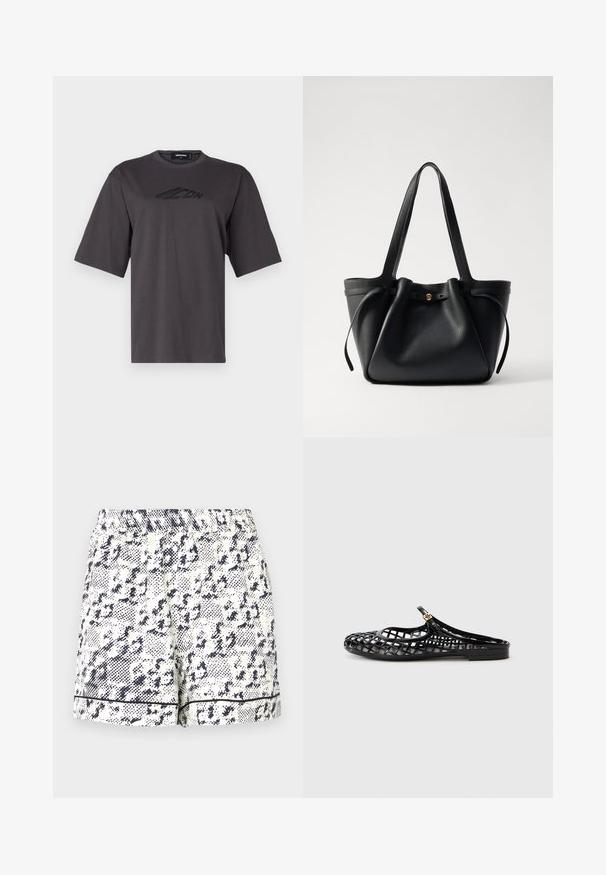 Camiseta de algodón gris con cuello redondo, mangas cortas y un logotipo negro impreso en el pecho. Ajuste regular y textura suave.; Pantalones cortos blancos con un patrón abstracto negro, cinturilla elástica y borde negro sólido en el dobladillo. Fabricados con una tela ligera.; Tory Burch MELLOW MARY JANE - Sandalias planas - perfect black/gold; Bolsa tote de cuero negro con dos asas largas, parte superior fruncida y un acento circular dorado. Textura suave con un diseño minimalista.