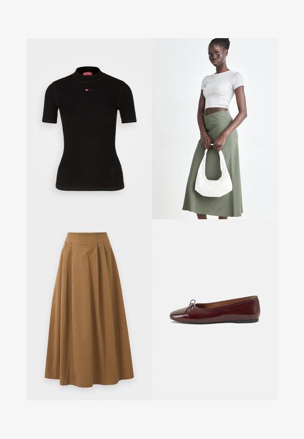 Black short-sleeve top made of ribbed fabric, featuring a high neckline and a small red Diesel logo on the chest. Smooth texture and fitted shape.; Brown cotton A-line skirt with a high waist, featuring pleats down the front and a smooth texture. Hem finishes are clean and simple.; Burgundy patent leather ballet flat with a rounded toe, small bow accent at the front, and a low, black rubber sole. Smooth texture.; Gray ribbed crop top and olive green high-waisted skirt. Model holds a white shoulder bag with cut-out detailing. Simple design, fitted silhouette.