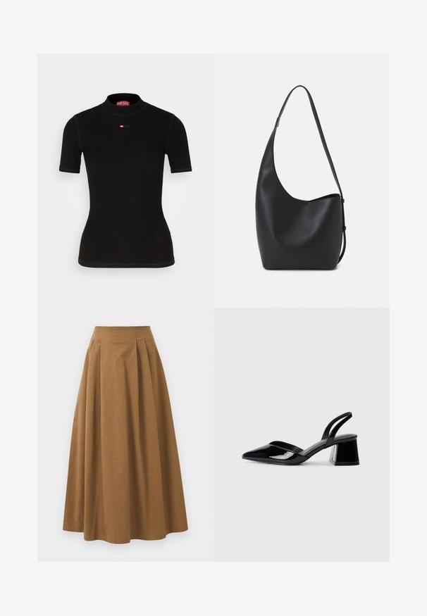 Black short-sleeve top made of ribbed fabric, featuring a high neckline and a small red Diesel logo on the chest. Smooth texture and fitted shape.; Brown cotton A-line skirt with a high waist, featuring pleats down the front and a smooth texture. Hem finishes are clean and simple.; Black patent leather slingback heels with a pointed toe and a geometric block heel. Features a sleek, minimal design and smooth texture.; Black leather hobo bag with a smooth texture, curved shape, and single adjustable strap; features a wide opening at the top.