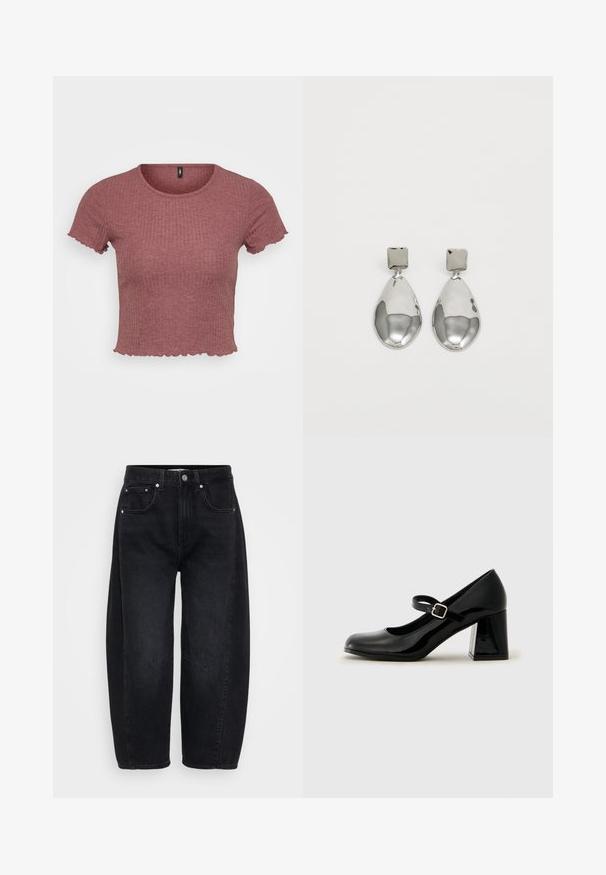 Rövid ujjú, croptop bordás textúrában, kerek nyakkivágással és fodros ujjvégekkel, tompa burgundy színben.; Fekete farmernadrág laza szabással, ezüst színű fémkiegészítőkkel, öt zsebbel és jellegzetes varrási részlettel az elején.; Fekete lakkbőr Mary Jane cipő, lekerekített orral, állítható pánttal és vaskos téglalap alakú sarokkal. Simább textúrájú, fényes felülettel.; Ezüst csepp fülbevalók négyzet alakú fülbevalóval, sima, fényes felülettel és csepp formával, amely fényt tükröz egy fényes felületen.