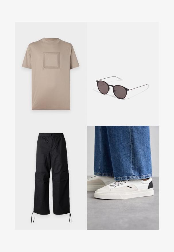 Vaaleanbeige lyhythiha T-paita, joka on valmistettu silest kankaasta. Keskiosassa on nelimuotoinen logo, jossa on kohokuptuja suorakulmioita, jotka kehystv logon.; Mustat cargo-housut, jotka on valmistettu kevyestä kankaasta, joissa on leveät lahkeet, elastinen vyötärö ja säädettävät narut lahkeensuissa. Kaksi sivutaskua.; Valkoiset ja mustat tennarit, joissa on sileä nahkapäällinen, tekstuuriakcentit ja paksu valkoinen pohja. Varustettu klassisella nauhakiinnityksellä.; Musta pyöreä aurinkolasit tummilla linsseillä ja kapeilla metallikehyksillä. Sisältää kirkkaat temppelet ja hopeiset yksityiskohdat saranassa. Minimalistinen muotoilu.
