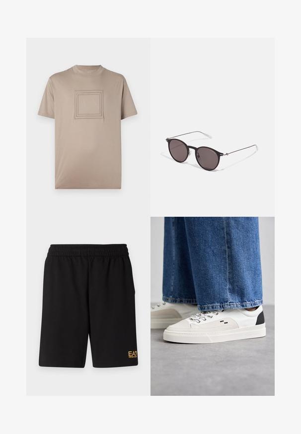 Camiseta de manga corta beige hecha de tejido suave, con un diseño de logo cuadrado en el centro y contornos rectangulares en relieve.; Pantalones cortos deportivos negros de tejido suave, con una cintura elástica y un pequeño logo amarillo de EA7 en la parte inferior de la pierna izquierda.; Zapatillas blancas y negras con una parte superior de cuero suave, acentos texturizados y una suela blanca gruesa. Presenta un diseño clásico de cordones.; Gafas de sol redondas negras con lentes oscuros y brazos metálicos delgados. Incluye puntas de varilla transparentes y acentos plateados en la bisagra. Diseño minimalista.