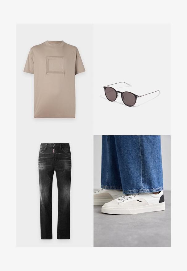 T-shirt beige a maniche corte realizzato in tessuto liscio, con un design di logo quadrato al centro e contorni rettangolari in rilievo.; Jeans in denim nero con vestibilità dritta. Presentano aree sbiadite, leggeri segni di usura, classico design a cinque tasche e chiusura con bottone.; Sneaker bianche e nere con parte superiore in pelle liscia, dettagli testurizzati e suola bianca spessa. Presentano un classico design con lacci.; Occhiali da sole neri rotondi con lenti scure e sottili bracci in metallo. Include punte trasparenti e accenti argentati alla cerniera. Design minimalista.
