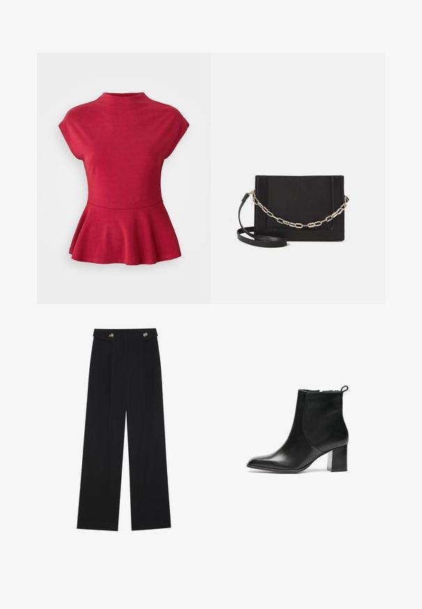 Raudonas trumpomis rankovėmis peplum palaidinė su imitaciniu kaklu ir prigludusia juosmeniu.; Juodi plačios kojos kelnės su aukštu liemeniu, sagų detalėmis ant liemens ir priekinėmis raukšlėmis.; Juodos odinės aulinės botai su apvalia nosimi, vidutinio aukščio blokuotais kulnais ir kilpeliu gale. Lygi tekstūra, minimalistinis dizainas.; Juodas odinis per petį nešiojamas krepšys turi lygų paviršių, stačiakampio formą ir metalinę grandinėlę priekyje. Pridedama reguliuojama dirželis.