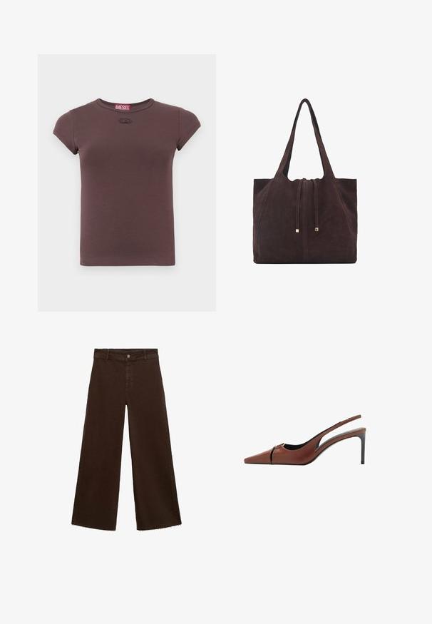 Brązowy, krótki rękaw, t-shirt z miękkiej tkaniny z okrągłym dekoltem i małym, firmowym logo na wysokości klatki piersiowej. Prosty, dopasowany krój.; Brązowe spodnie o szerokich nogawkach z mieszanki bawełny, z postrzępionym dołem, przednim zapięciem na guzik i klasycznym pięciopocketowym wzorem. Minimalistyczne i uniwersalne.; Brązowe skórzane obcasy typu slingback z ostrym noskiem, wycięciem w przedniej części i smukłym obcasem w stylu stiletto. Gładka faktura.; Mango - Torba na zakupy