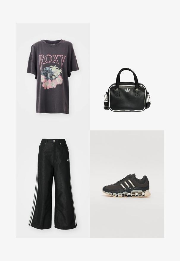 Camiseta de manga corta gris oscuro con un gráfico colorido que presenta "ROXY", olas, palmeras y flores rosas. Corte informal con escote redondo.; Pantalones de denim anchos y negros con tres franjas blancas en cada lado y un pequeño logo blanco. Cuenta con bolsillos frontales y un cierre de botón.; Zapatilla deportiva negra con parte superior texturizada, tres rayas plateadas y una suela de amortiguación distintiva que presenta múltiples secciones integradas.; Bolso de mano de cuero negro con dos asas cortas, herrajes plateados, detalles en blanco y un logotipo blanco. Presenta una superficie texturada y un diseño compacto.