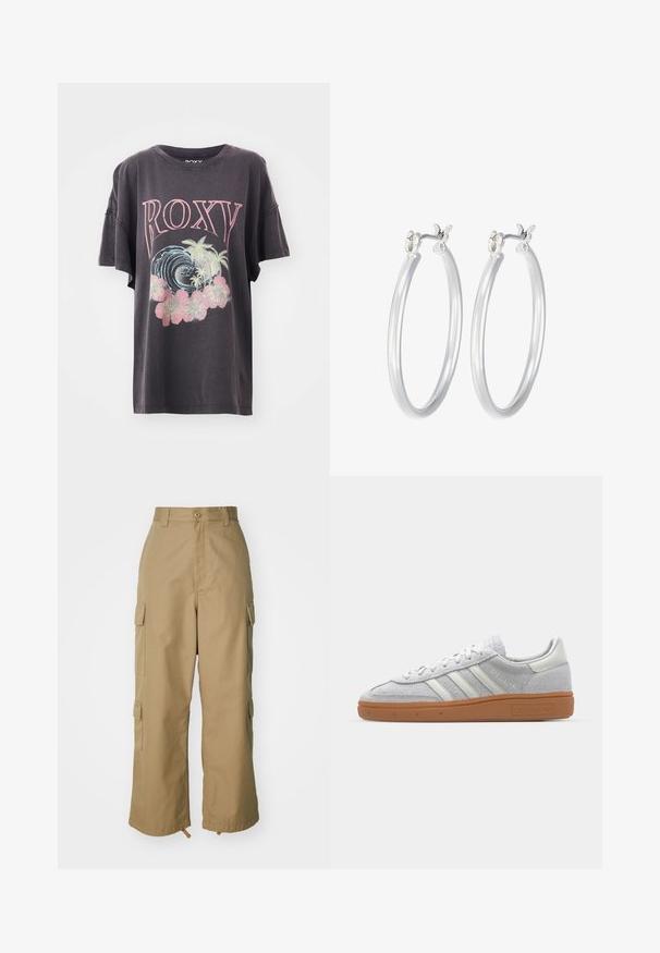Maglietta a maniche corte grigio scuro con una grafica colorata che presenta "ROXY", onde, palme e fiori rosa. Vestibilità casual con scollatura rotonda.; Pantaloni cargo beige con vita alta, gamba ampia e quattro grandi tasche laterali. Realizzati in un tessuto resistente con una texture liscia e dettagli minimi.; Sneaker in camoscio grigio chiaro con accenti in pelle bianca, tre strisce bianche e suola in gomma marrone, dotato di collo imbottito per il massimo comfort.; Orecchini a cerchio in argento con una finitura liscia e lucida. Forma rotonda e chiusura a scatto sicura. Design leggero adatto per l'uso quotidiano.