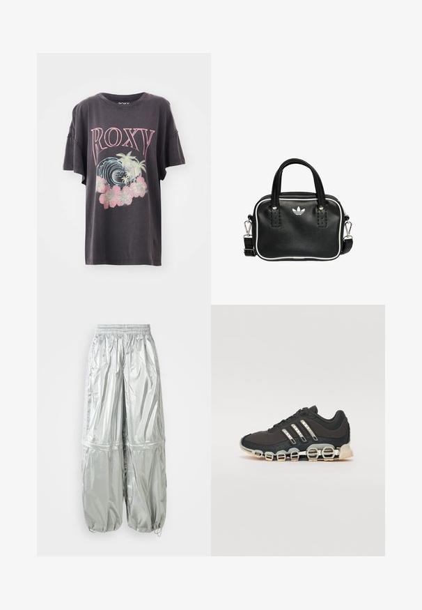 T-paita tummanharmaana lyhyillä hihoilla, jossa on värikäs grafiikka, jossa lukee "ROXY", aaltoja, palmuja ja vaaleanpunaisia kukkia. Vapaa-ajan malli, jossa on pyöreä pääntie.; Valkoinen kevyet cargo-housut, joissa on kiiltävä pinta, joustava vyötärö, kootut hihansuut ja kaksi suurta etutaskua.; Musta urheilujalkine, jossa on teksturoitu päällinen, kolme hopeista raitaa ja erottuva vaimennustuli, jonka rakenne koostuu useista integroituista osista.; Musta nahkainen käsilaukku, jossa on kaksi lyhyttä kahvaa, hopeiset yksityiskohdat, valkoiset tehosteet ja valkoinen logo. Sisältää teksturoidun pinnan ja kompaktin muotoilun.