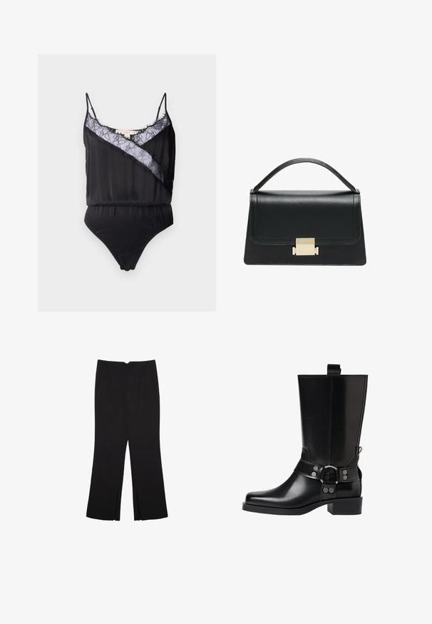 Body nero con spalline sottili, caratterizzato da un rivestimento in pizzo e bordi sfrangiati lungo il colletto e un pannello diagonale a contrasto. Tessuto dalla texture liscia.; Pantaloni neri a gamba dritta, con tasche frontali e spacchi laterali all'orlo. Realizzati in tessuto morbido e liscio. Adatti a diverse occasioni.; Stivale in pelle nera alto fino al ginocchio con punta affusolata, dettagli in argento e tacco largo. Presenta un inserto per facilitare l'indossamento.; Borsa a tracolla in pelle nera con design strutturato, manico superiore e dettaglio in metallo dorato sulla parte frontale. Texture liscia, cuciture minime.