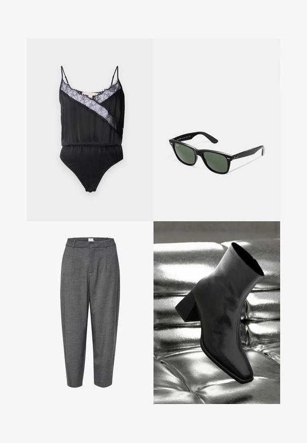 Juodas bodis su plonais petnešomis, puoštas nėriniu ir stirteliais išilgai iškirptės bei kontrastuojančia diagonalia juosta. Lygi audinio tekstūra.; Pilkos, siaurėjančios kelnės, pagamintos iš tekstūruotos medžiagos; turi raukšles ir lygų juosmenį su paslėptu uždarymu.; Juodos kulkšnies botai, pagaminti iš blizgaus medžiagos, su kvadratine padu ir siauru kulnu, prieš blizgiai sidabrinį pūsto audinio foną.; Juodi plastikiniai saulės akiniai su žaliais objektyvais, kvadratiniais rėmeliais, sidabriniu akcentu ant antakio ir tekstūruotais šventyklų šakutėmis. Vidinėje šakutėje nurodyta prekės ženklo pavadinimas.