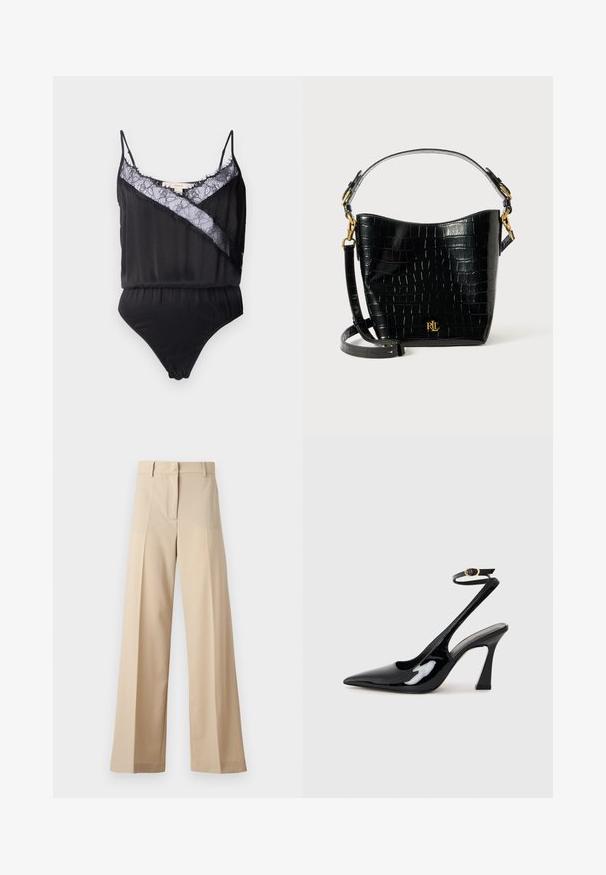 Černý body s tenkými ramínky, s krajkovým překryvem a rozčesanými okraji kolem výstřihu a kontrastním diagonálním panelem. Hladká textura látky.; Beige široké kalhoty vyrobené z hladké tkaniny, s plochým předním dílem a záhyby, s zipovým zapínáním a poutky na pásek. Celkově střižené na míru.; Černé lakované kožené lodičky na pásku s špičatou špičkou, nastavitelným páskem kolem kotníku a mírným blokovým podpatkem. Hladký povrch s lesklým finišem.; Černá kožená taška s krokodýlím vzorem, zakřiveného tvaru, se zlatými kovovými akcenty, nastavitelným popruhem a logem na přední straně.