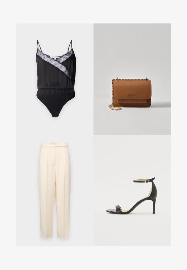 Fekete body vékony pántokkal, csipkés átkontrálással és a nyakvonal mentén szétfoszlott szélekkel, valamint kontrasztos, átlós panelekkel. Simább anyag textúra.; Beige, egyenes szabású testre szabott nadrág, elöl plisszírozással, sima textúrával és közepes derékkal. Nincsenek látható zsebek.; Fekete bőr magassarkú szandál bokapánttal. Simább textúrájú, nyitott orrú és vékony sarkú. Arany színű csat részlet.; Barna textúrájú bőr keresztbody táska arany lánc pánttal és fedélzárral. Az elején logó részlet és egy zseb található a fedél alatt.