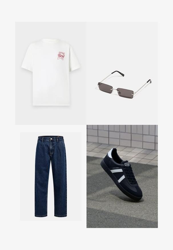 Biela bavlnená tričko s krátkymi rukávmi so červenou grafickou potlačou, ktorá na ľavej strane hrudi znie "OFF THE Grid".; Tmavo modré džínsy s rovnými nohavicami. Obsahujú viditeľné švy, zapínanie na gombík a predné skladanie pre zvýraznenie detailov.; Čierne kožené tenisky s bielymi pruhmi, textúrovanou gumovou podrážkou a šnurovaním vpredu. Obsahujú označenie značky na jazyku.; Slnečné okuliare s obdĺžnikovými, tmavosivými sklami, striebornými kovovými rámami a čiernymi plastovými koncami na rúčkach. Ľahký dizajn s nosovými podložkami.