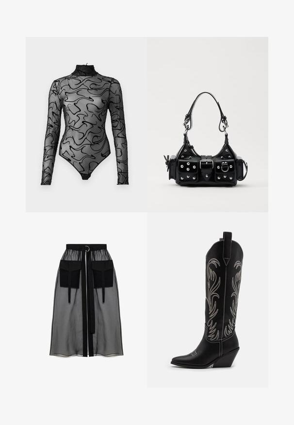 Black long-sleeve bodysuit in sheer mesh with abstract black swirl patterns, high neck, and bottom snap closure.; Black sheer skirt with a gathered waistband, featuring two large front pockets, a waist tie, and a circular metal accent.; Black leather cowboy boots with pointed toes, wedge heels, and silver embroidered floral patterns along the shaft. Contrast stitching throughout.; Black leather handbag with a curved design, featuring silver studs, a buckle, and two side pockets. Adjustable strap for carrying options.