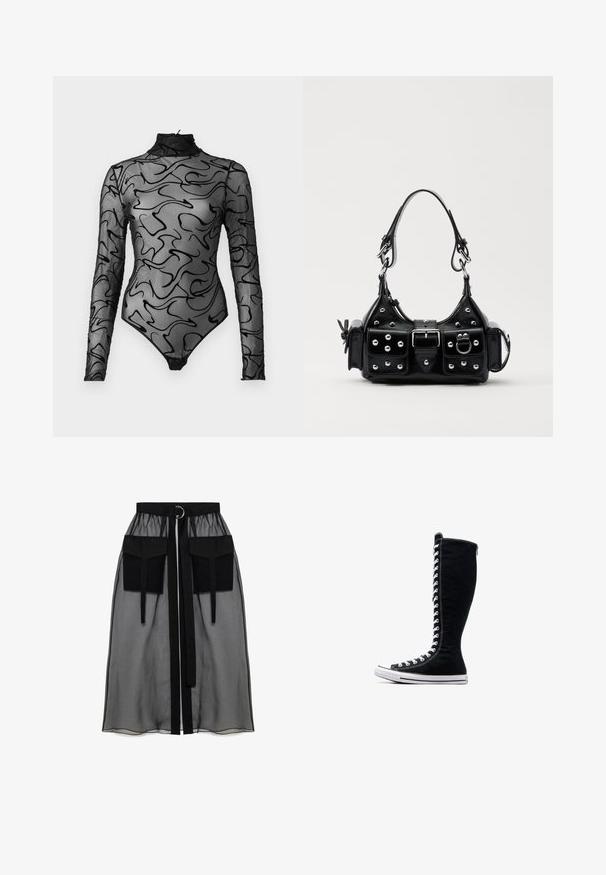 Crna dugodlaka bodi majica od prozirne mrežice s apstraktnim crnim uzorcima spiralnog oblika, s visokim izrezom i kopčanjem na dnu.; Crna prozirna suknja s nabranim pojasom, koja ima dva velika prednja džepa, remen oko struka i okrugli metalni detalj.; Crne visoke tenisice s visokim dizajnom, izrađene od platna. Imaju bijele vezice, šavove i gumeni potplat s zaštitom za nožne prste.; Crna kožna torba s zakrivljenim dizajnom, koja sadrži srebrne zakovice, kopču i dva bočna džepa. Podesiva traka za različite opcije nošenja.