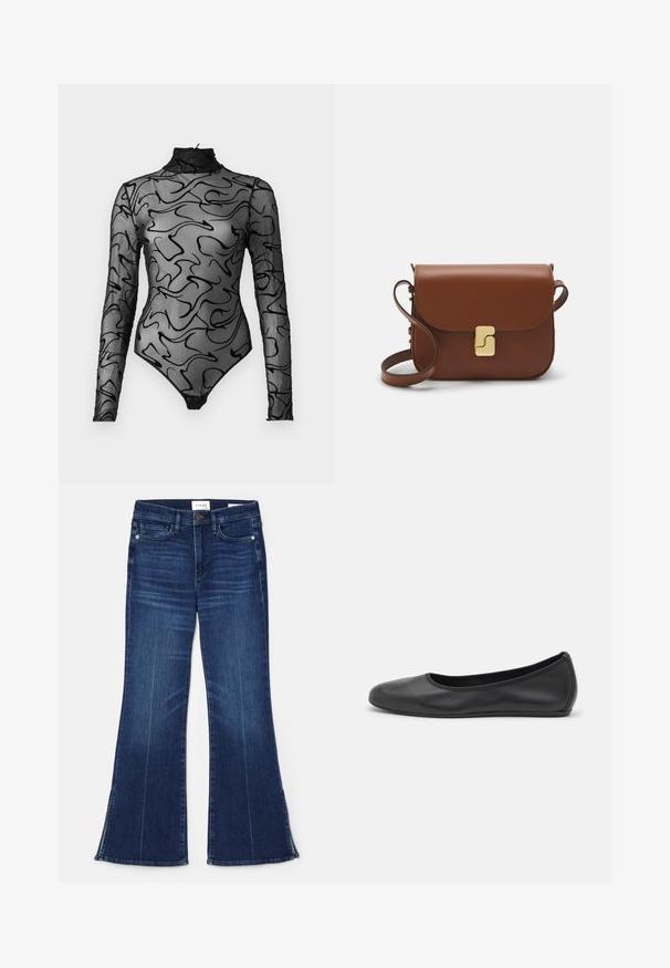 Schwarzer Langarm-Bodysuit aus durchsichtigen Mesh mit abstrakten schwarzen Wirbelmustern, hohem Kragen und Druckknopfverschluss am Boden.; Dunkelblaue, ausgestellte Jeans aus Denim. Mit hoher Taille, vorderen Taschen und Schlitzen am Saum. Klassisches Fünf-Taschen-Design.; Schwarze Leder-Ballettschuhe mit abgerundeter Spitze, glatter Textur, minimalen Nähdetails und einem flexiblen Sohlen-Design.; Braune Ledertasche mit Klappenverschluss, Beschlägen in Goldfarbe, einem Schultergurt und einer glatten Oberfläche. Kompakte rechteckige Form.
