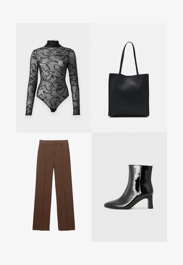 Schwarzer Langarm-Bodysuit aus durchsichtigen Mesh mit abstrakten schwarzen Wirbelmustern, hohem Kragen und Druckknopfverschluss am Boden.; Braune, weit geschnittene Hose aus glattem Material; bietet gefütterte Vorderfalten und einen flachen Taillenbund mit Gürtelschlaufen.; Schwarzer Lackleder-Stiefelette mit spitzer Zehe und einem mittelhohen Blockabsatz. Glatte Textur und minimalistisches Design.; Schwarze Laptoptasche aus Leder mit glatter Textur, rechteckiger Form und zwei langen Griffen. Keine sichtbaren Beschläge oder Verzierungen.