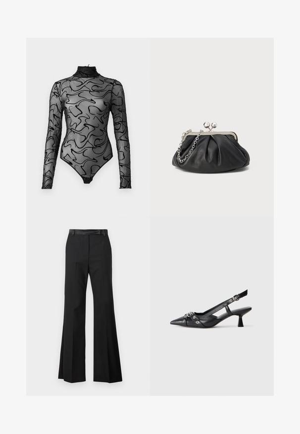 Črn dolg rokav bodi iz prosojnega mrežastega materiala z abstraktnimi črnimi vijugastimi vzorci, visokim ovratnikom in gumbi na dnu.; Črne široke hlače z gladkim zaključkom tkanine, z enotnim pasom in pritisnjenimi gubami za oblikovan videz.; Črne usnjene sandale središnje zaponke z ostro konico, okrasnimi trakovi z kovinskimi očesi in nizko blokasto peto. Teksturirana površina.; Črna usnjena torbica z nabranim teksturo, okovjem iz srebrne kovine, zapiranjem na poljub in verižnim ročajem. Gladka, mehka površina.