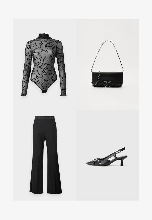 Body preto de manga longa em malha transparente com padrões abstratos em espiral preta, gola alta e fecho de botão na parte inferior.; Calças largas pretas com um acabamento de tecido suave, apresentando um cós sólido e pregas vincadas para um visual ajustado.; Sapato slingback em couro preto com biqueira fina, tiras decorativas com ilhós de metal e um pequeno salto quadrado. Superfície texturizada.; Saco de couro preto com uma alça de corrente prateada, apresentando ornamentos em forma de asas e costura branca ao longo da costura inferior.
