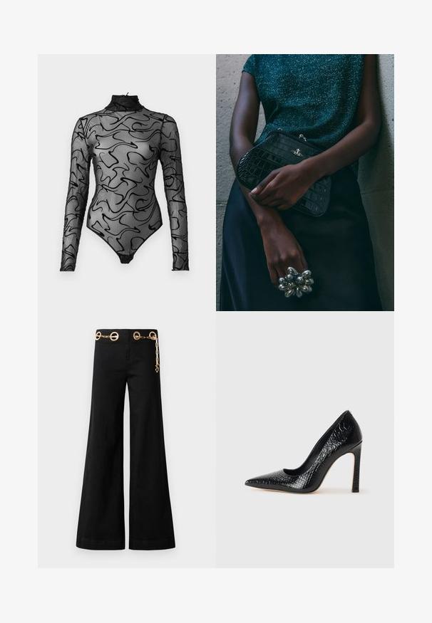 Zwarte lang-vinger bodysuit van doorschijnend gaas met abstracte zwarte spiraalpatronen, hoge hals en onderkant met drukknoopsluiting.; Zwarte wijde broek van katoen, met gouden ronde hardware en een kettingdetail op de tailleband. Soepele textuur, strakke snit.; Zwarte puntige hoge hak schoen met een krokodillenleren textuur, met een slank ontwerp, hoge stiletto-hak, en een gladde zwarte binnenkant.; Zwarte clutch met krokodillenpatroon en zilverkleurige hardware, vastgehouden tegen een gestructureerde grijze achtergrond. Heeft een glanzend oppervlak.