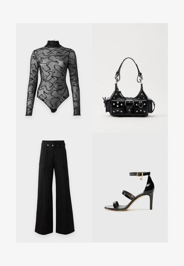Černý body s dlouhým rukávem z průhledné síťoviny s abstraktními černými spirálovými vzory, vysokým límcem a uzávěrem na spodní části.; Černé kalhoty s širokými nohavicemi a vysokým pasem, které mají velké boční kapsy, dva přední knoflíky a detail v podobě poutka. Vyrobeno z pevné látky.; Černé lakované kožené sandály se třemi pásky, sponou na kotníku a 10 cm jehlovým podpatkem. Obsahují zlaté kovové detaily a logo přívěsek.; Černá kožená kabelka s křivkovým designem, zdobená stříbrnými hřebíky, s přezkou a dvěma bočními kapsami. Nastavitelný popruh pro různé možnosti nošení.